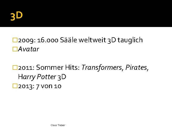 3 D � 2009: 16. 000 Sääle weltweit 3 D tauglich �Avatar � 2011: