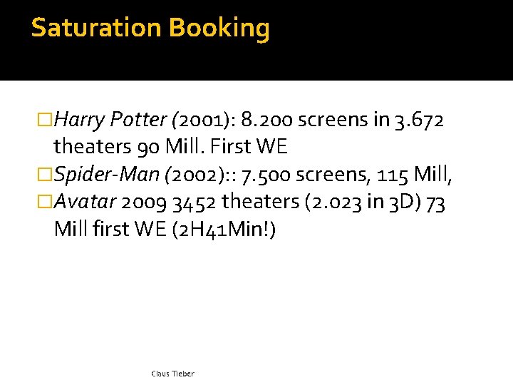 Saturation Booking �Harry Potter (2001): 8. 200 screens in 3. 672 theaters 90 Mill.