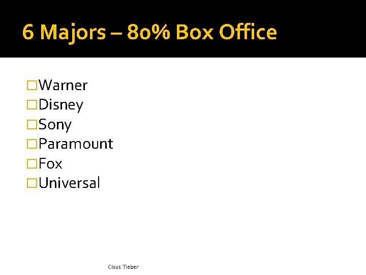 6 Majors – 80% Box Office �Warner �Disney �Sony �Paramount �Fox �Universal Claus Tieber