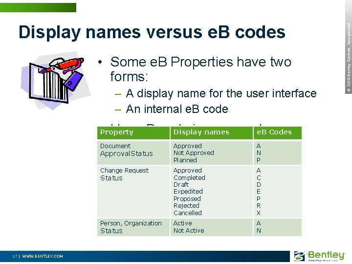  • Some e. B Properties have two forms: – A display name for