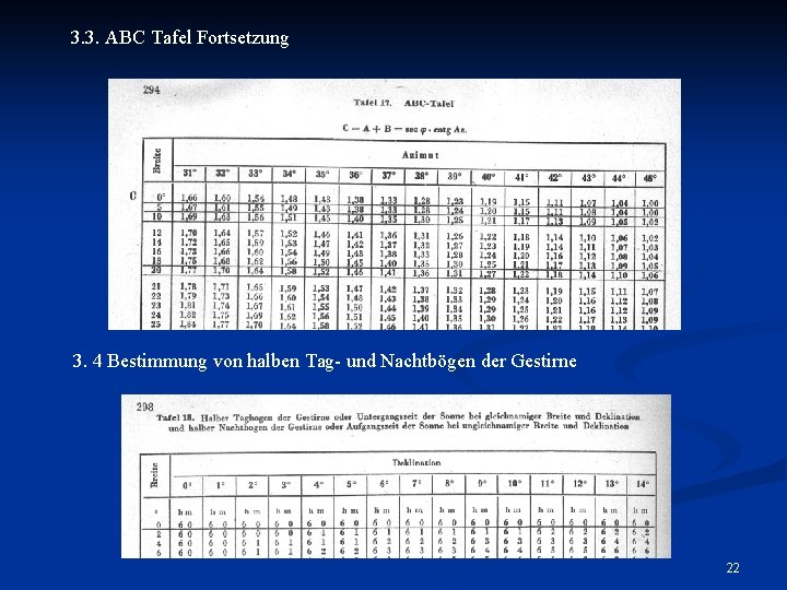 3. 3. ABC Tafel Fortsetzung 3. 4 Bestimmung von halben Tag- und Nachtbögen der