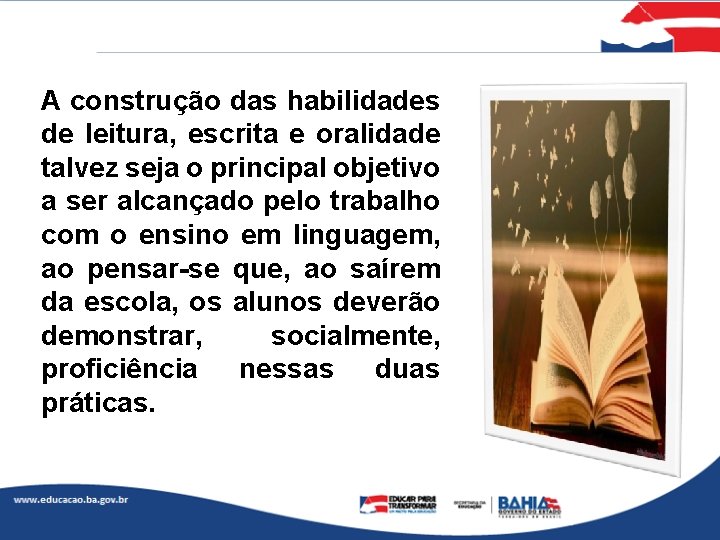 A construção das habilidades de leitura, escrita e oralidade talvez seja o principal objetivo