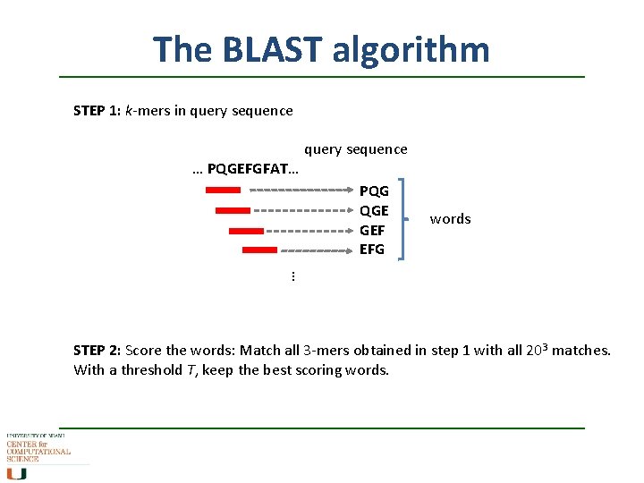 The BLAST algorithm STEP 1: k-mers in query sequence … PQGEFGFAT… PQG QGE GEF