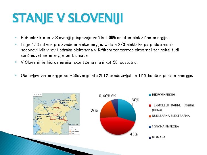 STANJE V SLOVENIJI Hidroelektrarne v Sloveniji prispevajo več kot 30% celotne električne energije. To