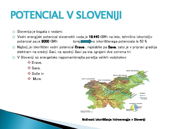 POTENCIAL V SLOVENIJI � � Slovenija je bogata z vodami. Vodni energijski potencial slovenskih