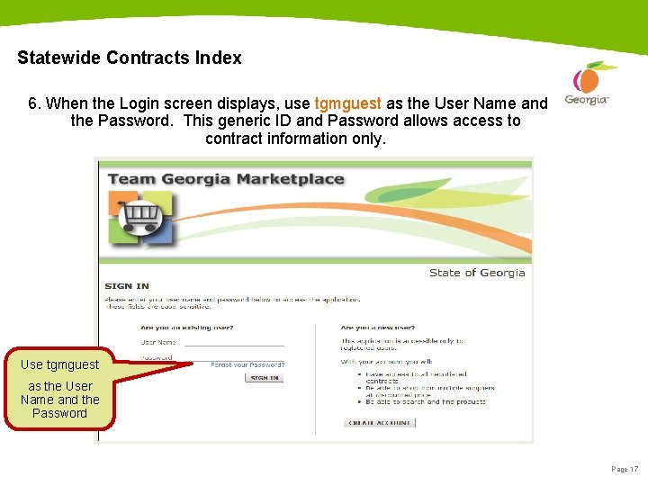 Statewide Contracts Index 6. When the Login screen displays, use tgmguest as the User
