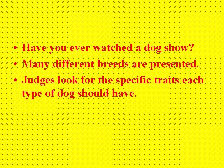  • Have you ever watched a dog show? • Many different breeds are