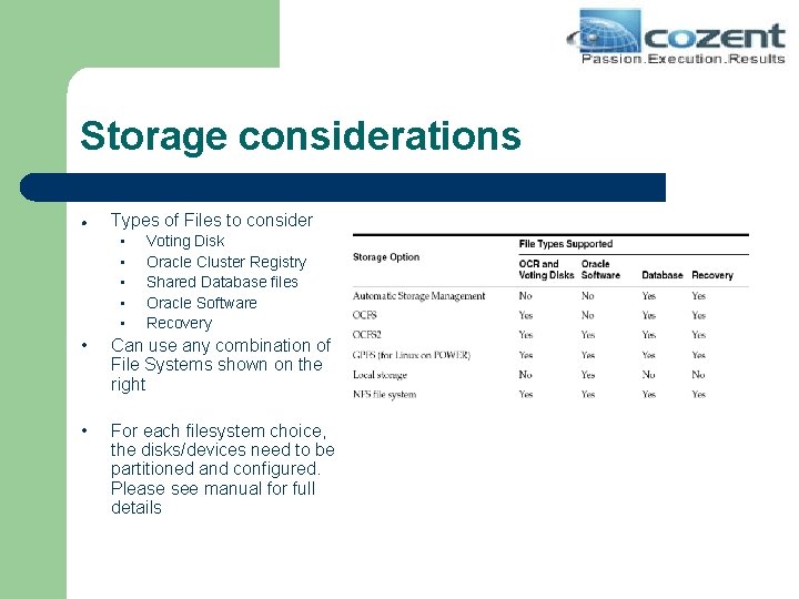 Storage considerations l Types of Files to consider • • • Voting Disk Oracle