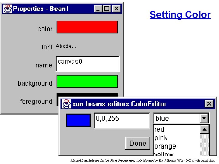 Setting Color Adapted from Software Design: From Programming to Architecture by Eric J. Braude Setting Color Adapted from Software Design: From Programming to Architecture by Eric J. Braude