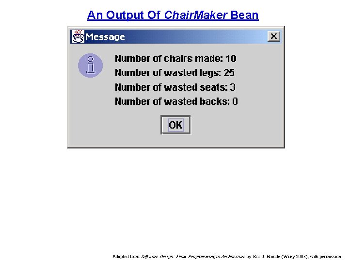 An Output Of Chair. Maker Bean Adapted from Software Design: From Programming to Architecture An Output Of Chair. Maker Bean Adapted from Software Design: From Programming to Architecture
