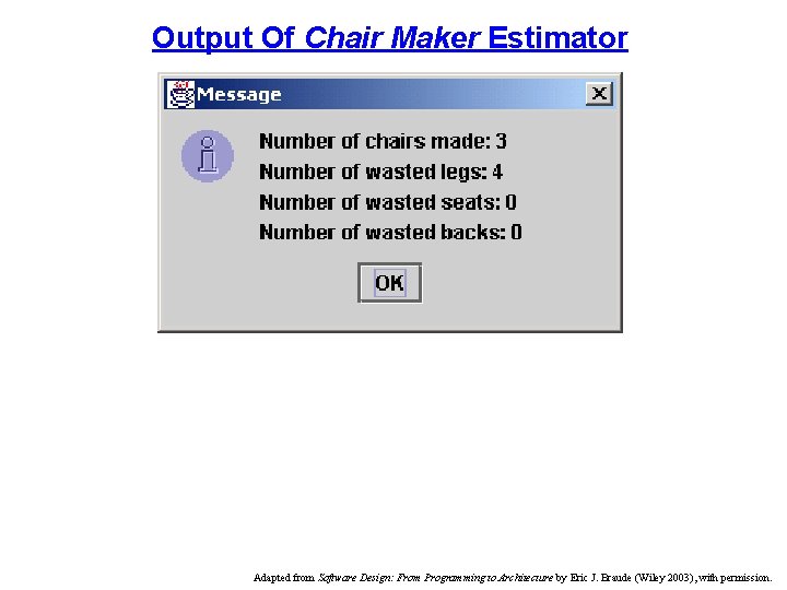 Output Of Chair Maker Estimator Adapted from Software Design: From Programming to Architecture by Output Of Chair Maker Estimator Adapted from Software Design: From Programming to Architecture by