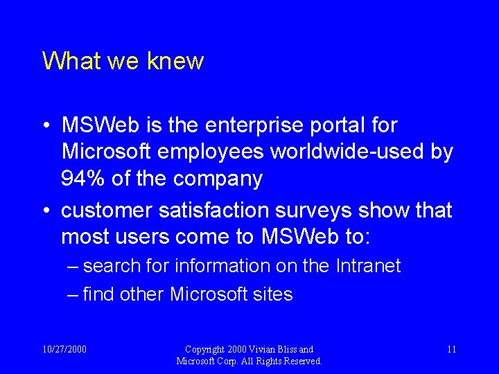 What we knew • MSWeb is the enterprise portal for Microsoft employees worldwide-used by