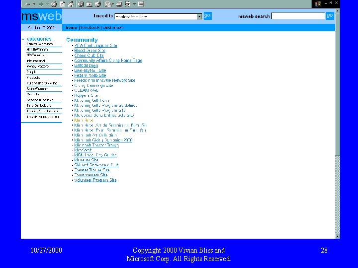 10/27/2000 Copyright 2000 Vivian Bliss and Microsoft Corp. All Rights Reserved. 28 