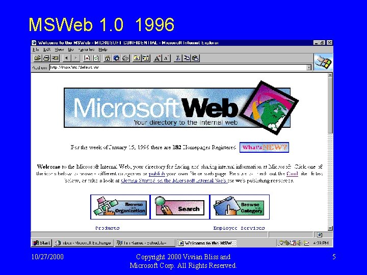 MSWeb 1. 0 1996 10/27/2000 Copyright 2000 Vivian Bliss and Microsoft Corp. All Rights