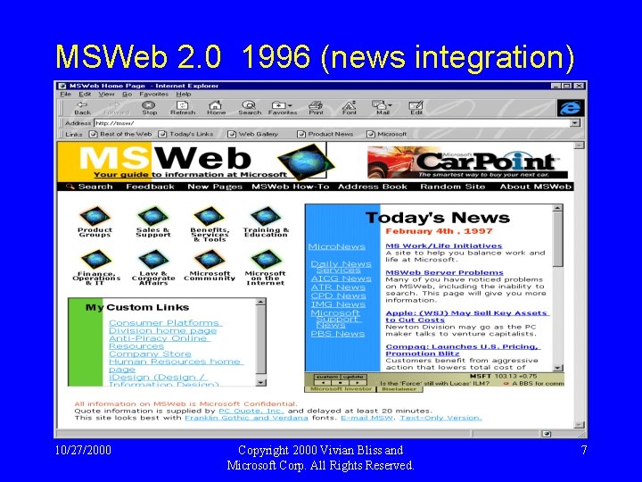 MSWeb 2. 0 1996 (news integration) 10/27/2000 Copyright 2000 Vivian Bliss and Microsoft Corp.