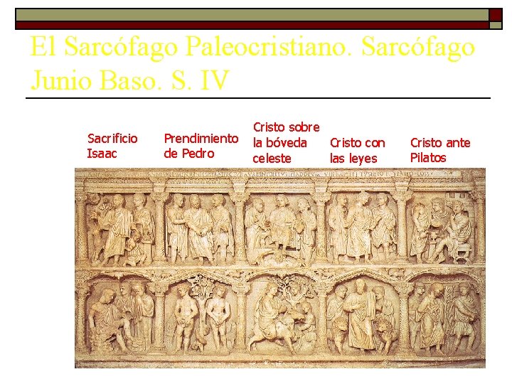 El Sarcófago Paleocristiano. Sarcófago Junio Baso. S. IV Sacrificio Isaac Prendimiento de Pedro Cristo