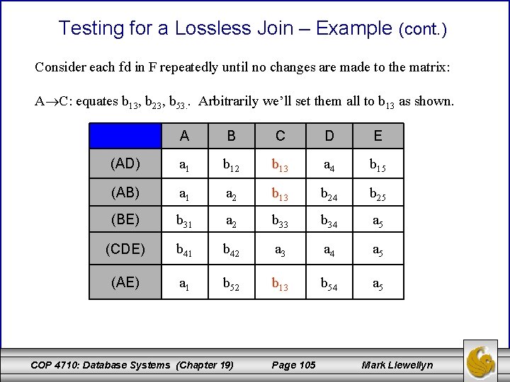 Testing for a Lossless Join – Example (cont. ) Consider each fd in F