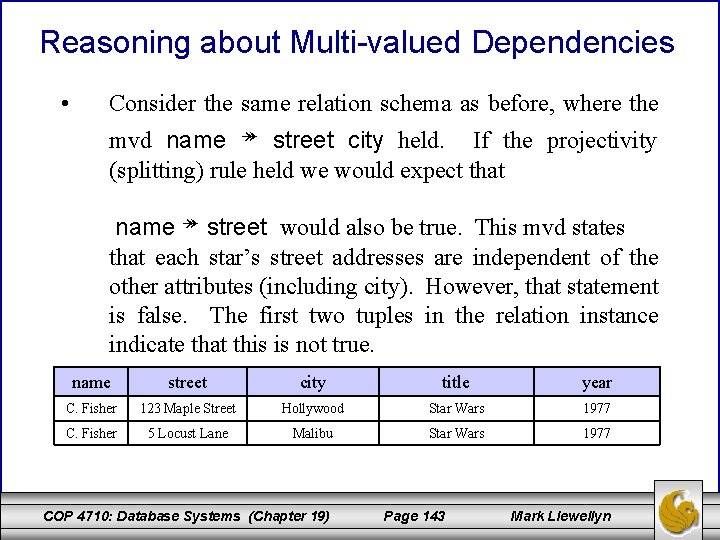 Reasoning about Multi-valued Dependencies • Consider the same relation schema as before, where the