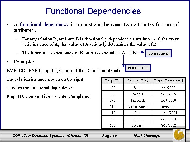 Functional Dependencies • A functional dependency is a constraint between two attributes (or sets