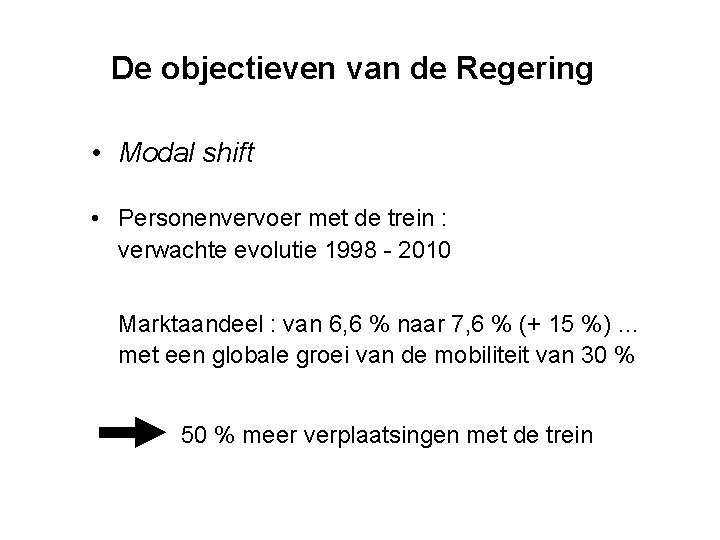 De objectieven van de Regering • Modal shift • Personenvervoer met de trein :
