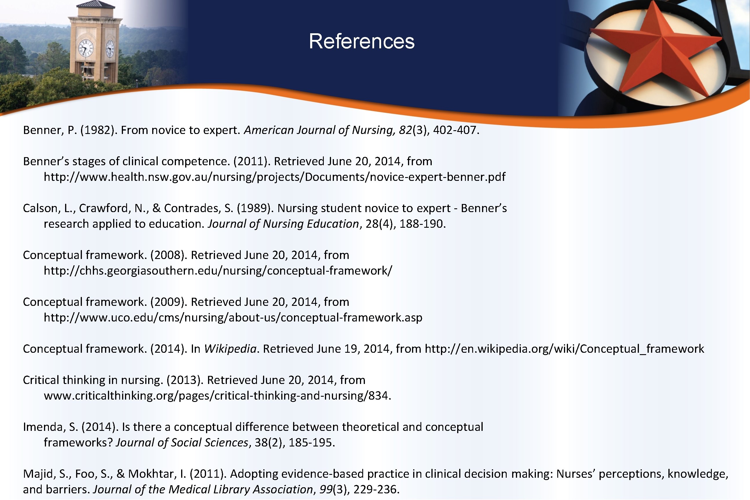 References Benner, P. (1982). From novice to expert. American Journal of Nursing, 82(3), 402