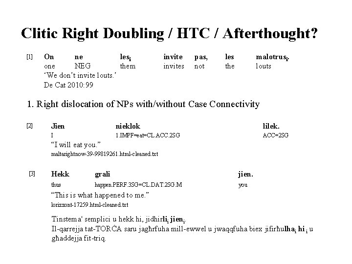 Clitic Right Doubling / HTC / Afterthought? [1] On ne lesi one NEG them