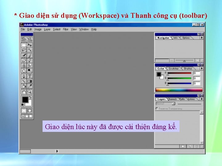 * Giao diện sử dụng (Workspace) và Thanh công cụ (toolbar) Giao diện lúc