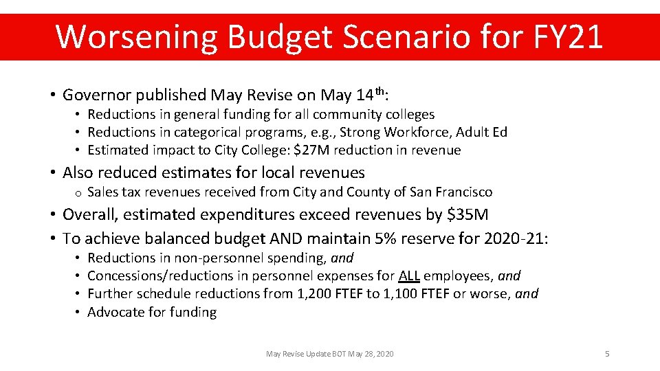 Worsening Budget Scenario for FY 21 • Governor published May Revise on May 14