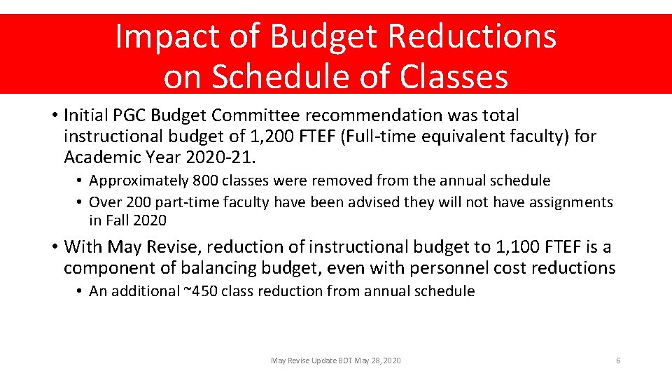 Impact of Budget Reductions on Schedule of Classes • Initial PGC Budget Committee recommendation
