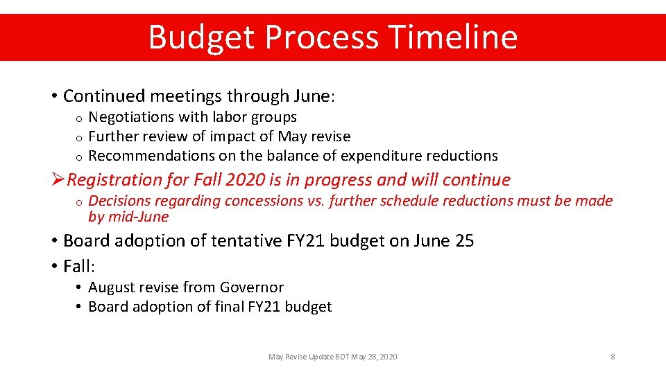 Budget Process Timeline • Continued meetings through June: Negotiations with labor groups o Further