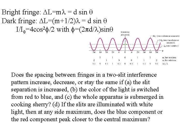 Bright fringe: DL=ml = d sin q Dark fringe: DL=(m+1/2)l = d sin q