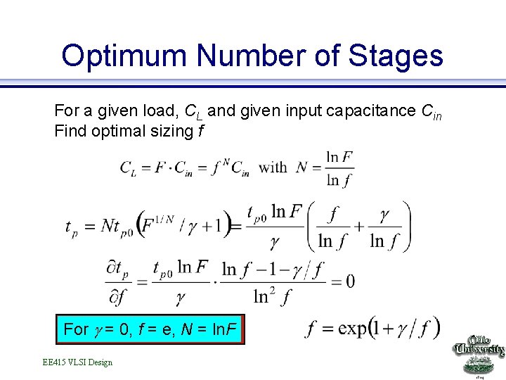 Optimum Number of Stages For a given load, CL and given input capacitance Cin