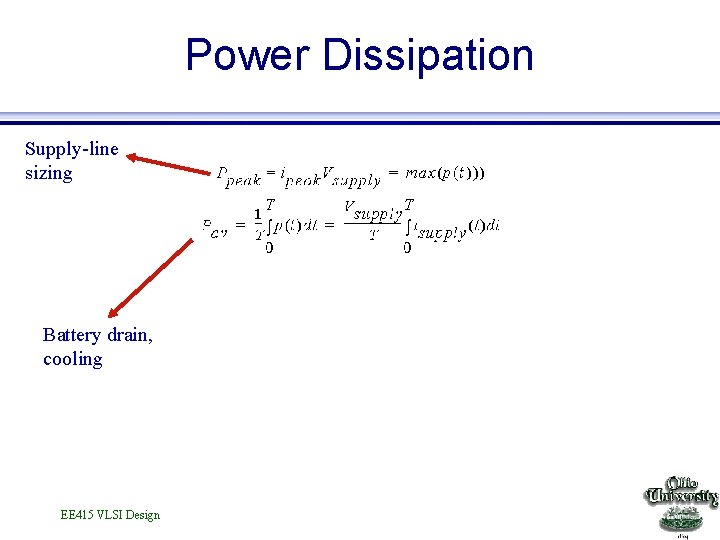 Power Dissipation Supply-line sizing Battery drain, cooling EE 415 VLSI Design 