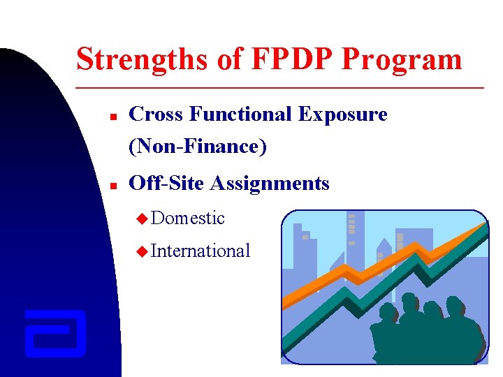 Strengths of FPDP Program n n Cross Functional Exposure (Non-Finance) Off-Site Assignments u Domestic