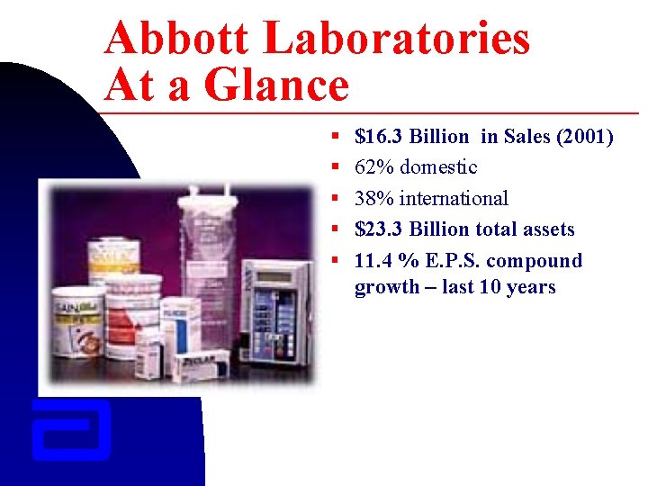 Abbott Laboratories At a Glance § $16. 3 Billion in Sales (2001) § 62%