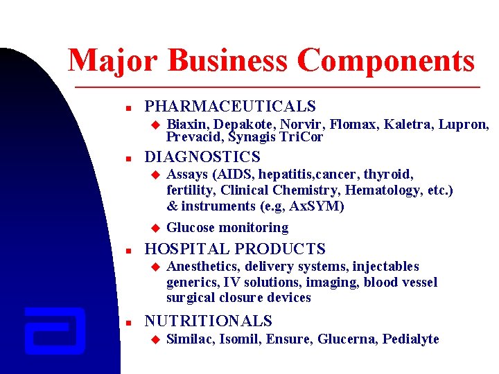 Major Business Components n PHARMACEUTICALS u n DIAGNOSTICS u u n Assays (AIDS, hepatitis,