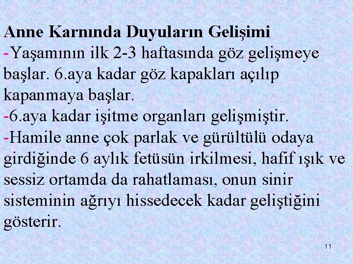 Anne Karnında Duyuların Gelişimi -Yaşamının ilk 2 -3 haftasında göz gelişmeye başlar. 6. aya