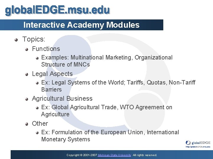 Interactive Academy Modules Topics: Functions Examples: Multinational Marketing, Organizational Structure of MNCs Legal Aspects