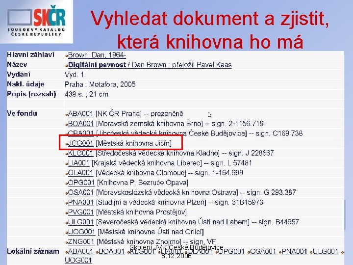 Vyhledat dokument a zjistit, která knihovna ho má Školení JVK České Budějovice 8. 12.