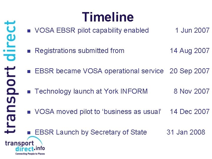 Timeline n VOSA EBSR pilot capability enabled 1 Jun 2007 n Registrations submitted from