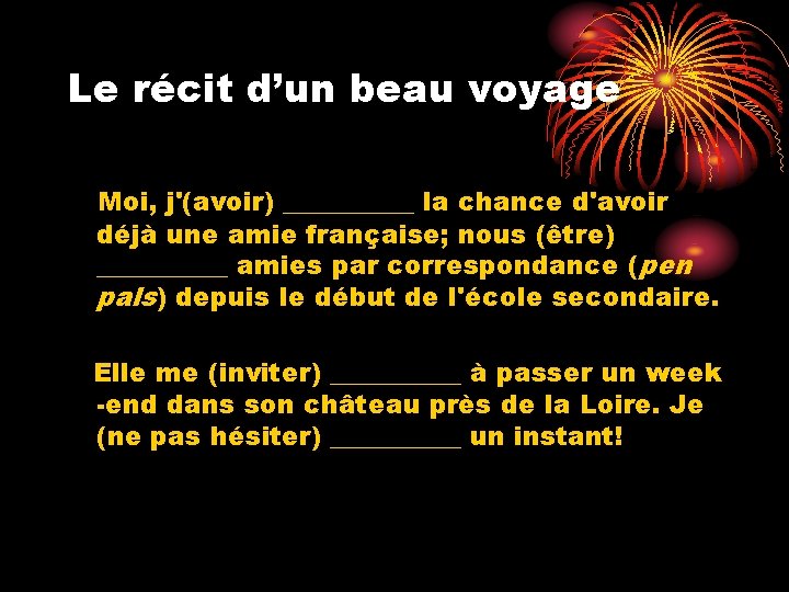 Le récit d’un beau voyage Moi, j'(avoir) _____ la chance d'avoir déjà une amie