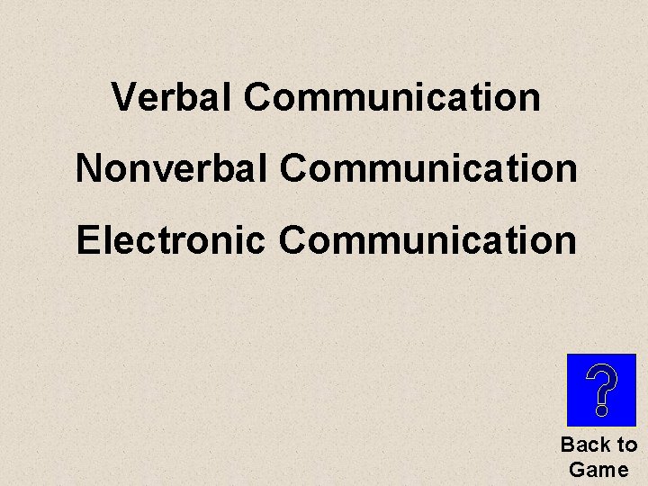 Verbal Communication Nonverbal Communication Electronic Communication Back to Game 