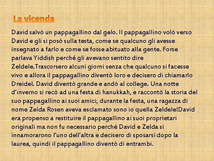 David salvò un pappagallino dal gelo. Il pappagallino volò verso David e gli si