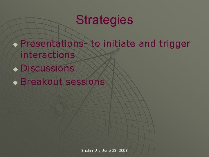 Strategies Presentations- to initiate and trigger interactions u Discussions u Breakout sessions u Shalini