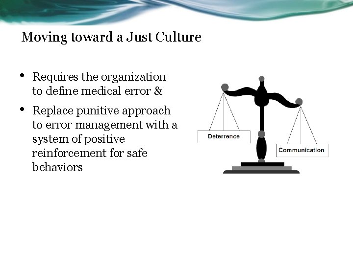 Moving toward a Just Culture • Requires the organization to define medical error &
