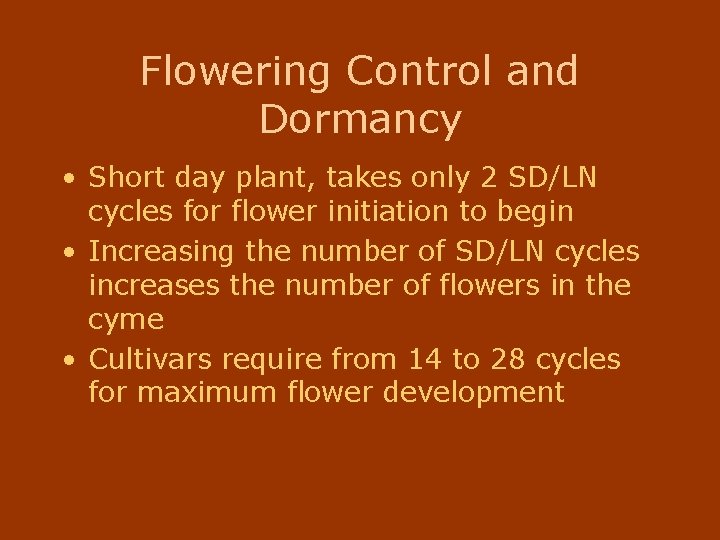 Flowering Control and Dormancy • Short day plant, takes only 2 SD/LN cycles for