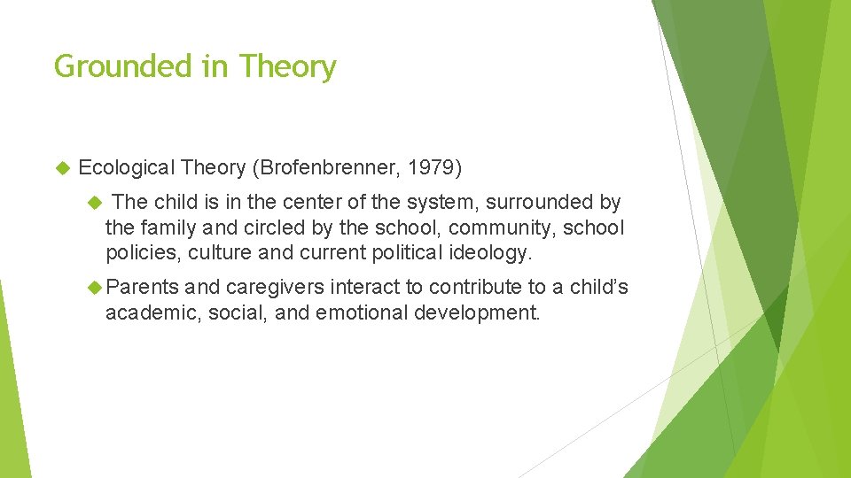 Grounded in Theory Ecological Theory (Brofenbrenner, 1979) The child is in the center of