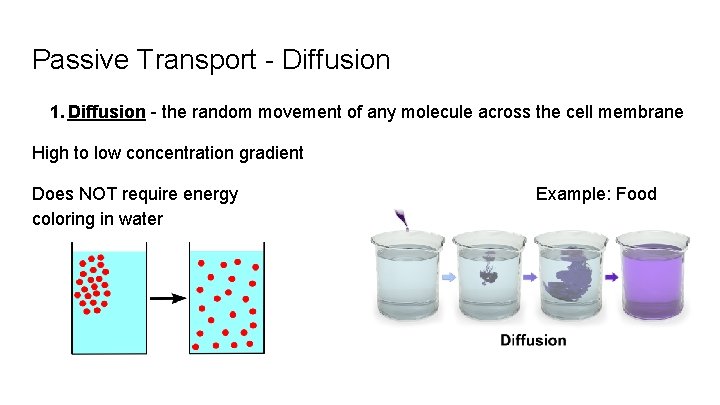 Passive Transport - Diffusion 1. Diffusion - the random movement of any molecule across