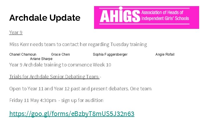 Archdale Update Year 9 Miss Kerr needs team to contact her regarding Tuesday training