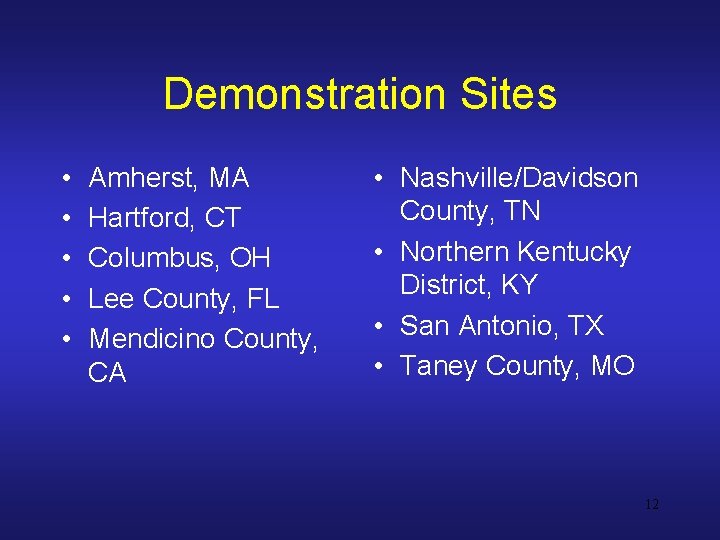 Demonstration Sites • • • Amherst, MA Hartford, CT Columbus, OH Lee County, FL